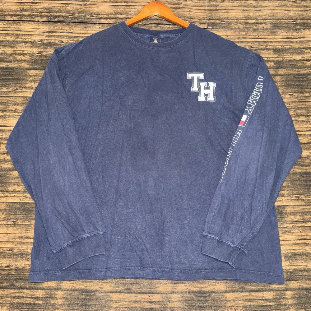 Vintage 90s Tommy Hilfiger Crest Long Sleeve Blue T Shirt Size 2XL
